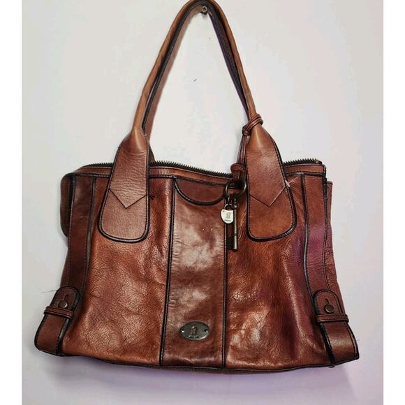 Vintage Fossil Reissue Large Satchel Handbag Camel Brown Leather With Key Charms - Picture 2 of 16